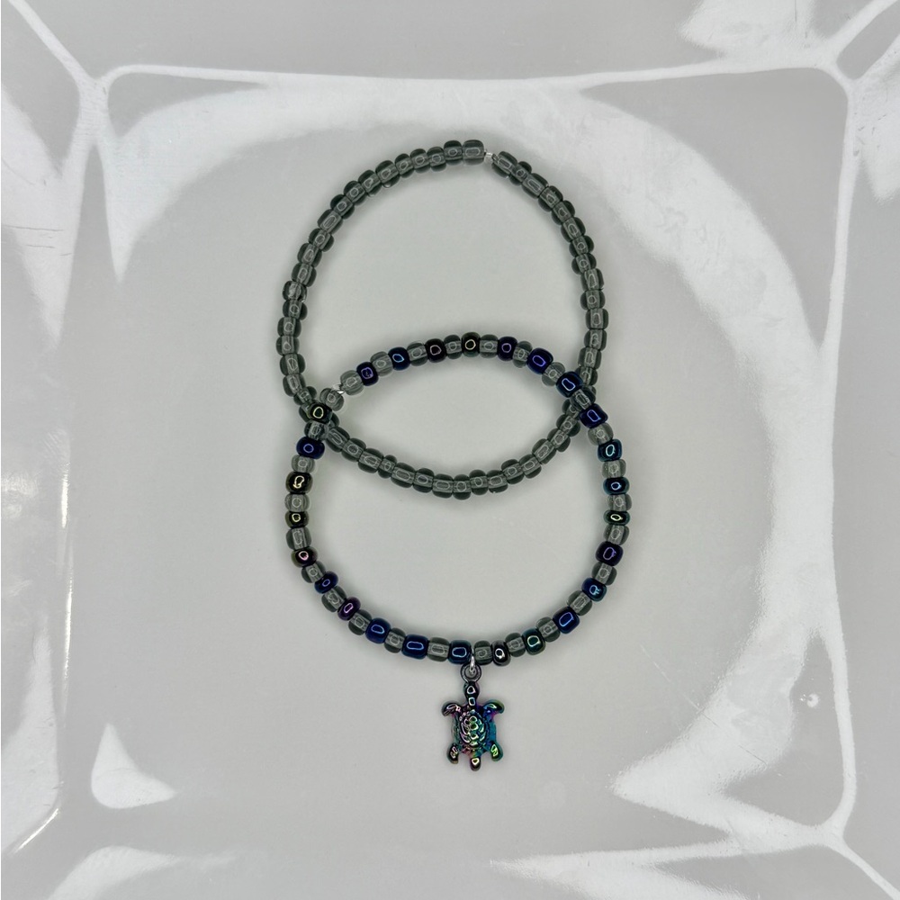 Gray and Blue Beaded Turtle Bracelet Set